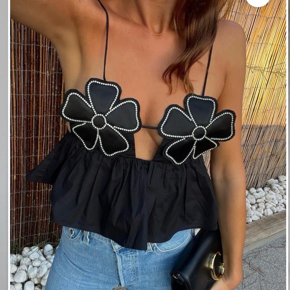 Elegant Black Floral Embellished Women's Top
